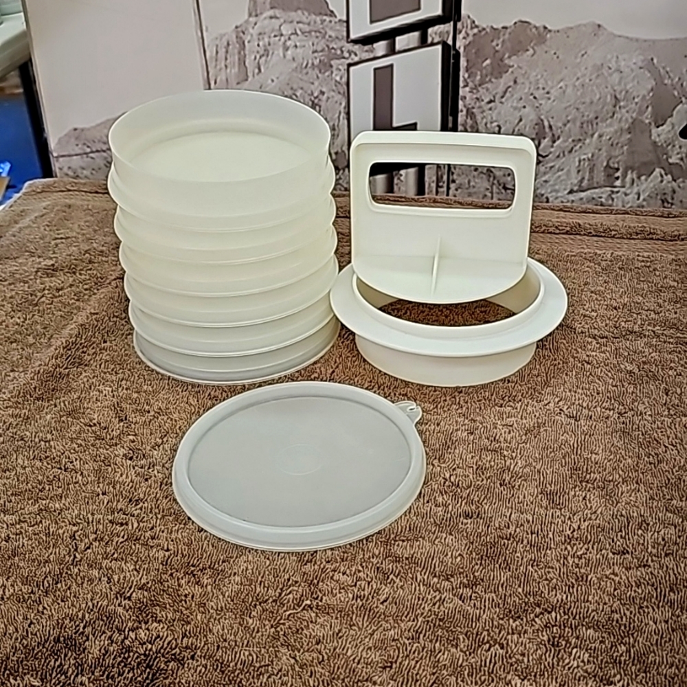 Vintage Tupperware Hamburger Patty Press 6 Keepers 1 Lid & Patty Maker Ring Lot
